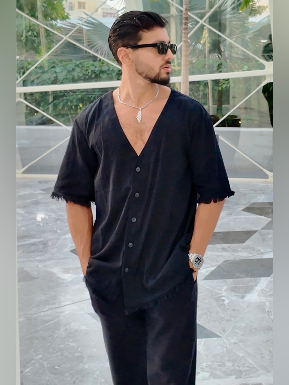 Runaway the label HARVEY SHIRT Men's Black cotton frayed Button-Up Shirt large